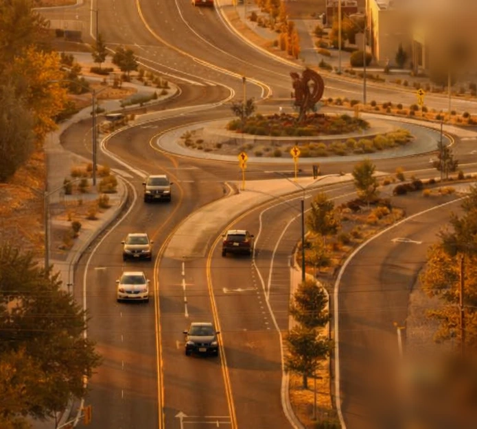 Wound Care at Home in Carson with a warm golden-hour aerial view of a landscaped roundabout and curving roads.