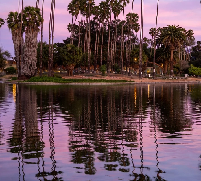 Wound Care at Home in Gardena — twilight lake with palm trees and calm reflections under a soft pink-blue sky.