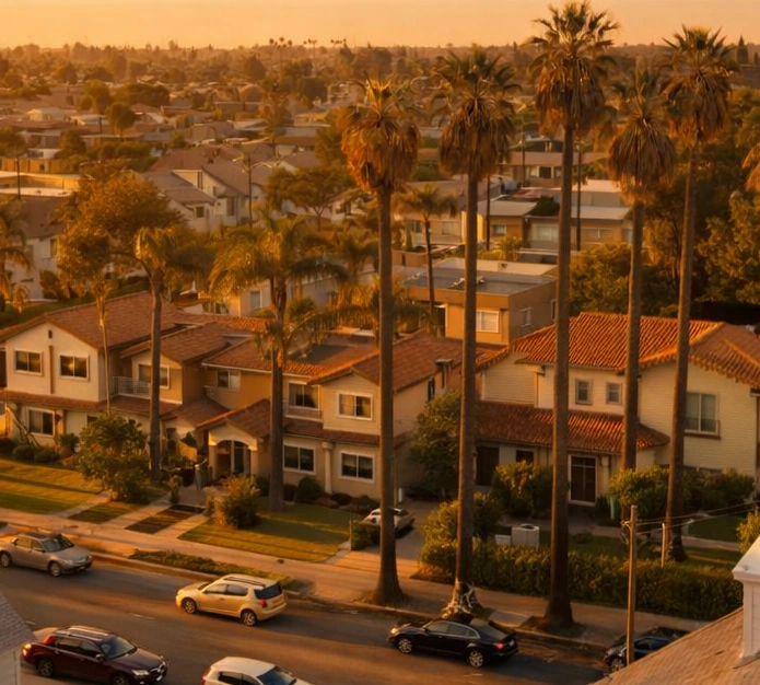 Wound Care at Home in Pico Rivera with a warm aerial view of church steeples, palm trees, and sunlit neighborhood streets.