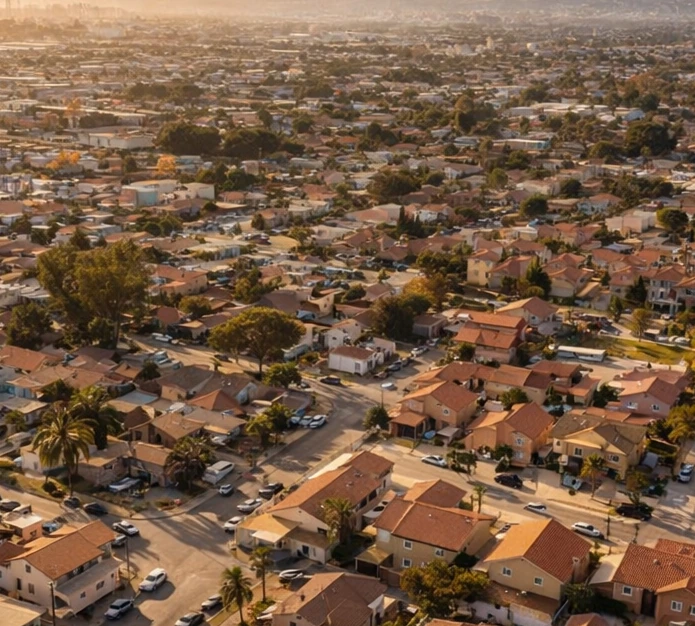 Wound Care at Home in Wilmington with warm golden-hour aerial view of neighborhood rooftops, palms, and distant hills.