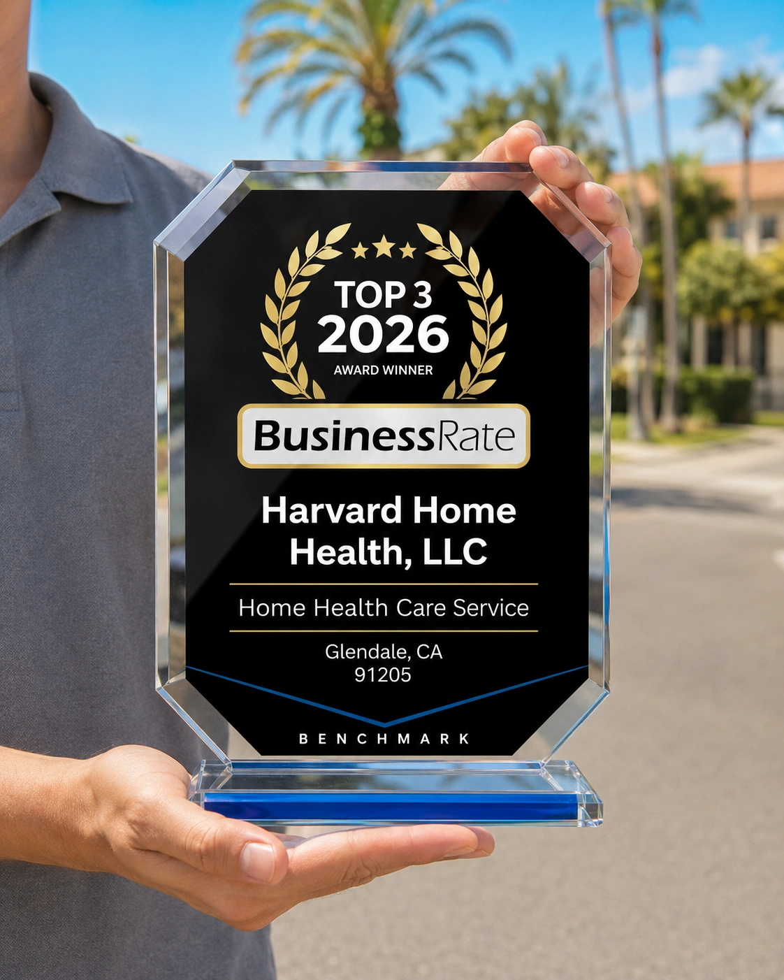 BusinessRate Top 3 2026 award trophy for Harvard Home Health, LLC in Glendale, CA